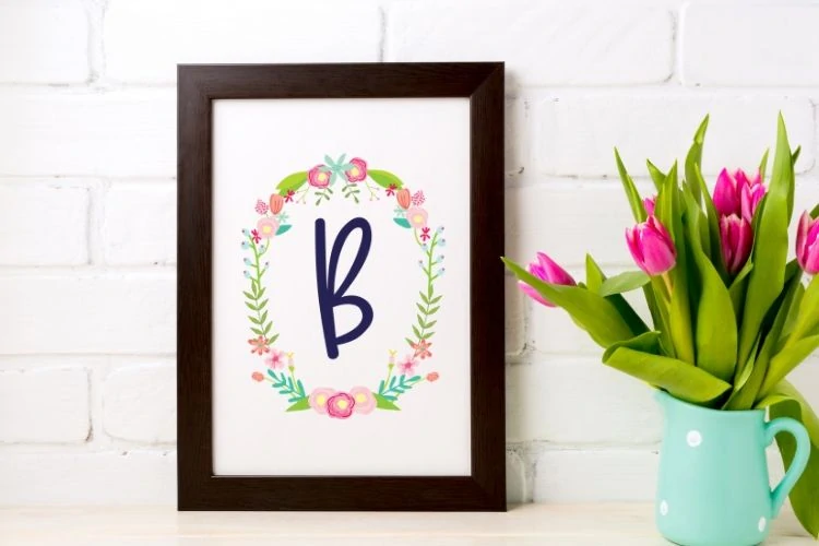 free printable initial art: floral letter B in frame with pitcher of tulips