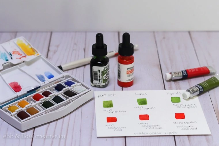 watercolor pans, tubes and liquids comparison