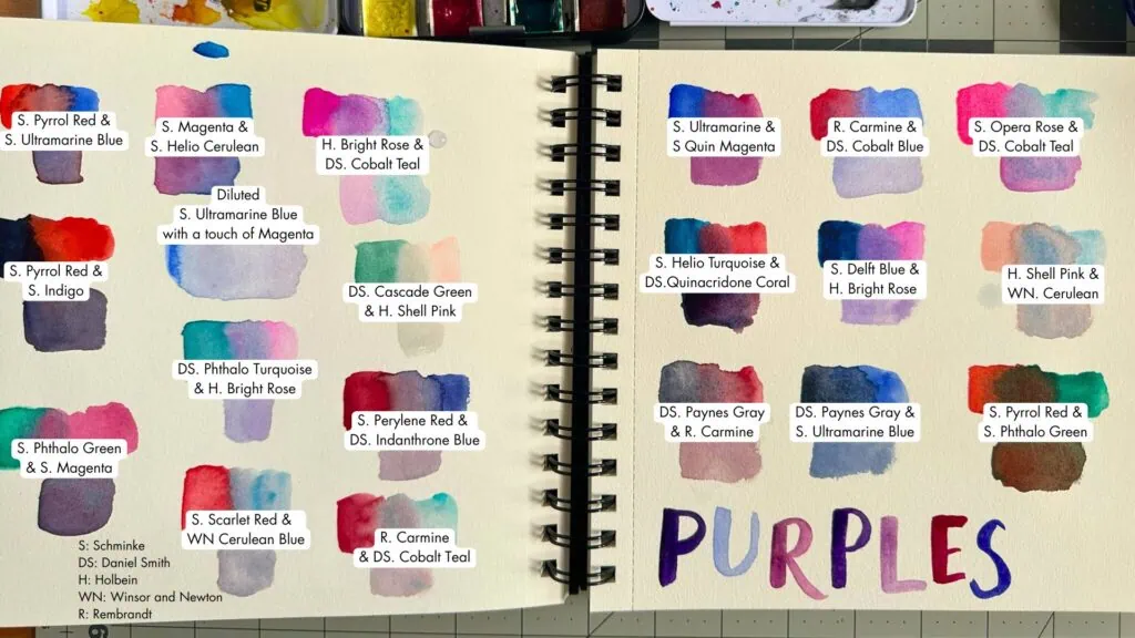 sketchbook with swatches of color mixes