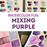 collage of swatches in sketchbook and sketchbook art with purple squares by mixing palette