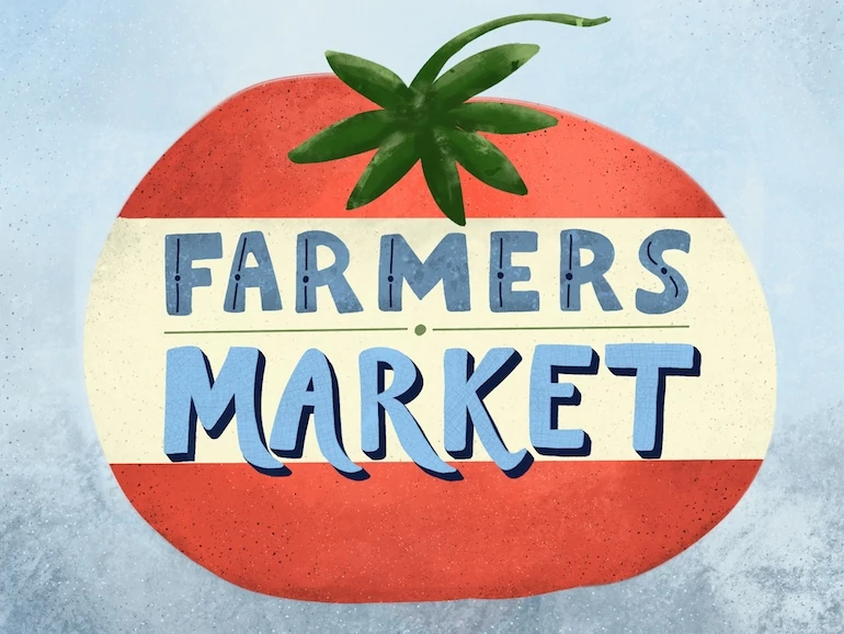 hand lettered illustration of tomato with farmer's market