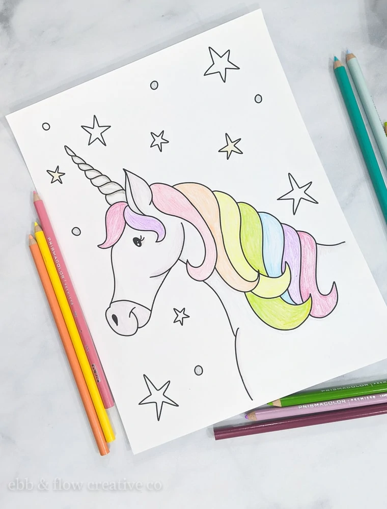 unicorn colored with colored pencils