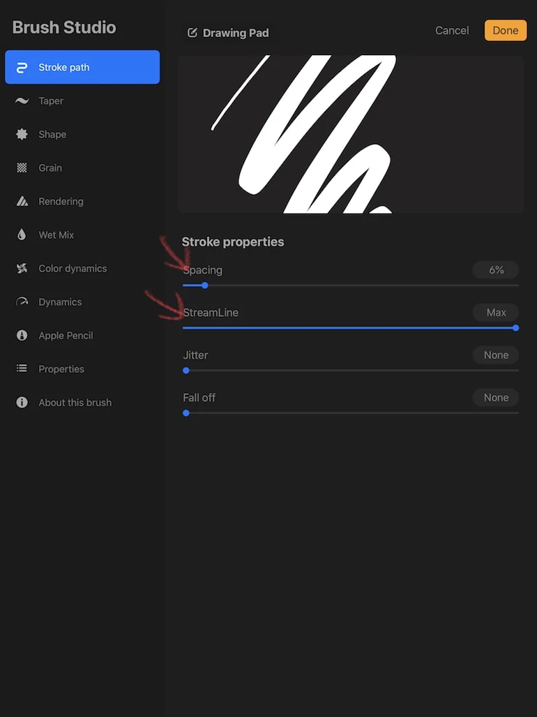 stroke settings in procreate