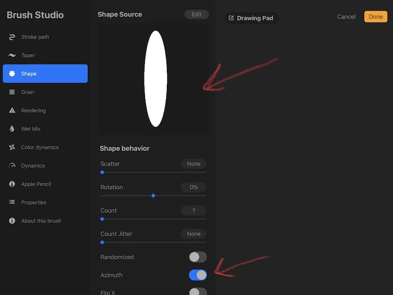 shape settings for calligraphy pen