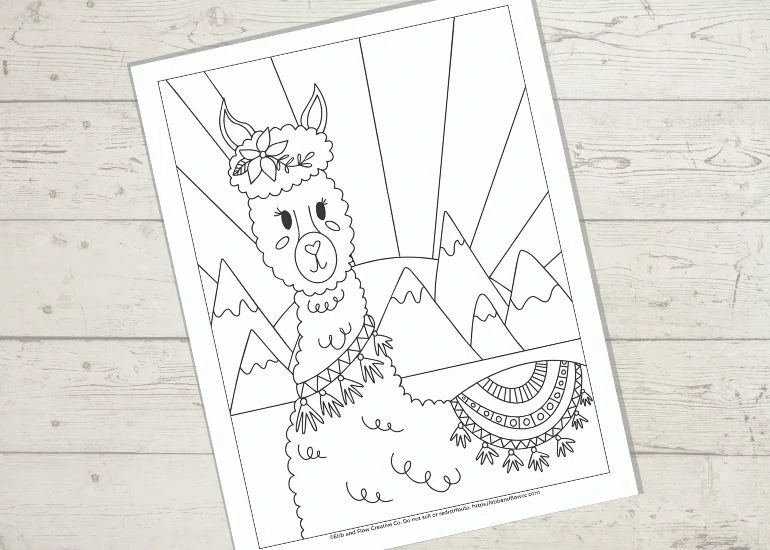 coloring page with cute llama on wood background