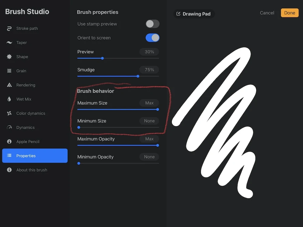 changing brush size in procreate brush studio