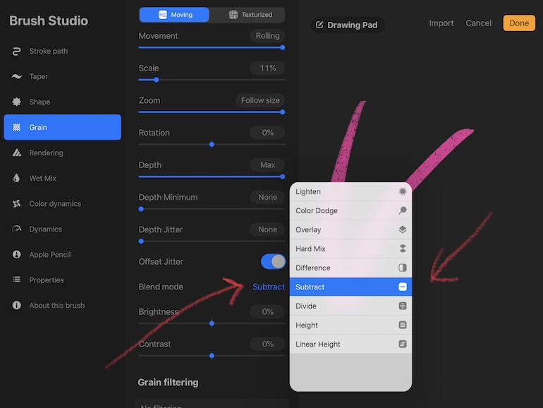 using the subtract blend mode for grain texture