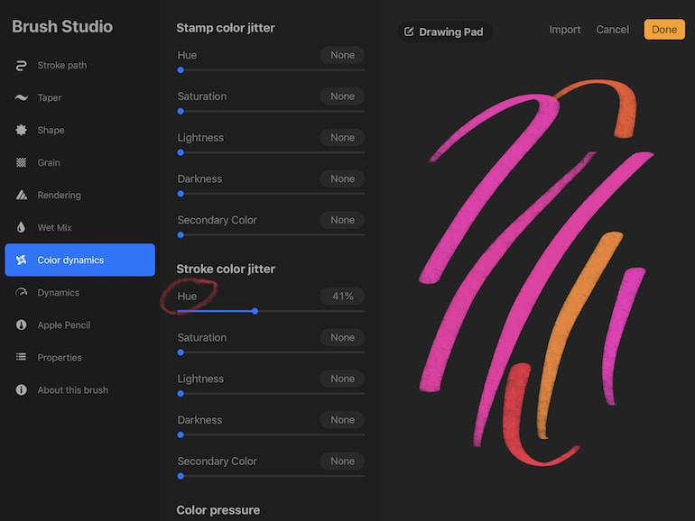 hue settings in color dynamics procreate 5