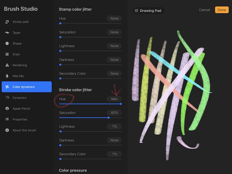 hue set to max for stroke jitter