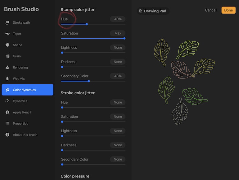 hue settings for stamp jitter