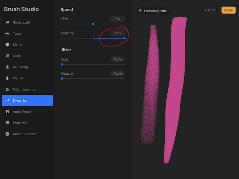 opacity settings for speed dynamics