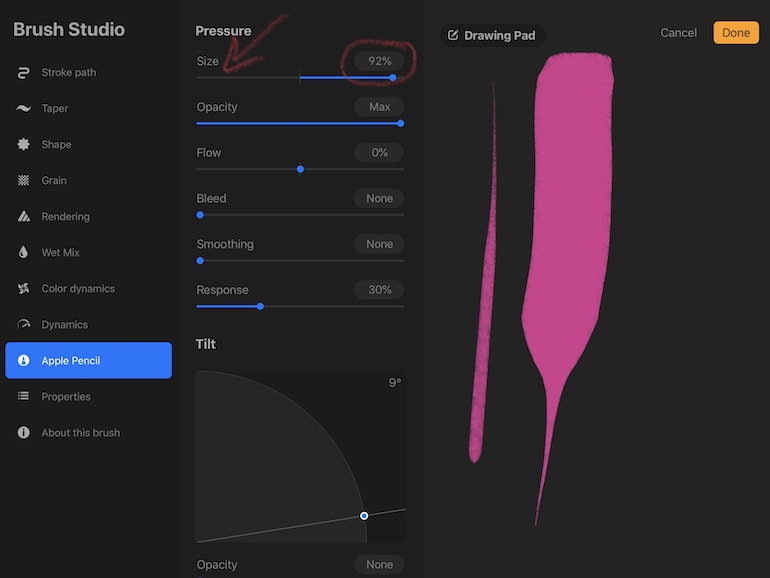 pressure size variations for apple pencil