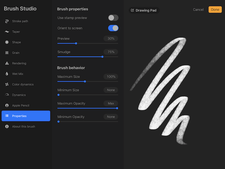 properties menu in procreate 5 brush studio