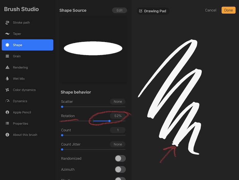 rotation in shape behavior