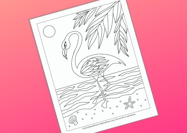 flamingo coloring page on pink background