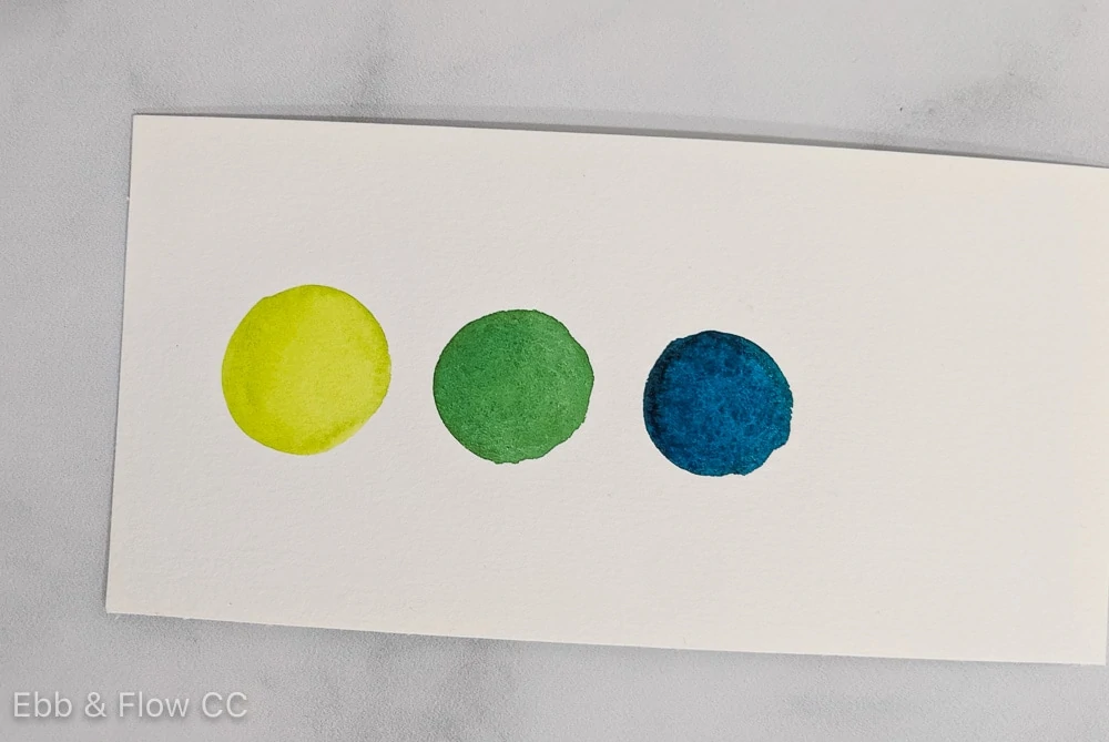 analogous colors scheme of yellow green, green and blue green watercolor swatches on paper