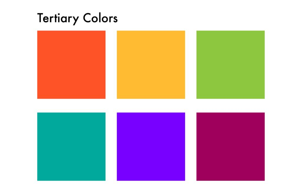 tertiary colors: red orange, yellow orange, yellow green, blue green, blue violet, red violet