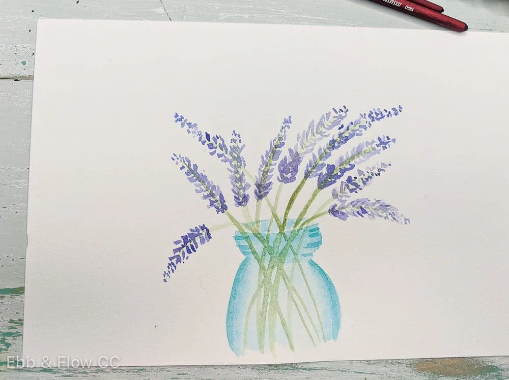 watercolor painting of lavender stems in blue vase