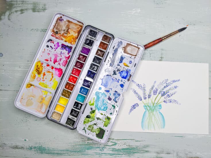 watercolor painting of lavender flowers in vase