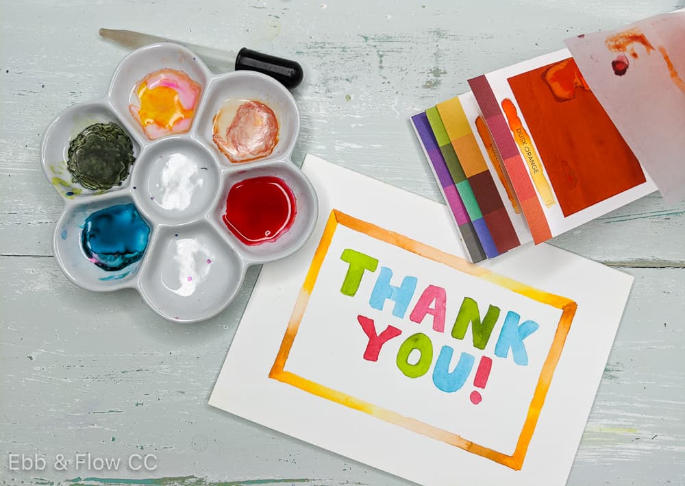 "thank you" card painted with viviva watercolor sheets