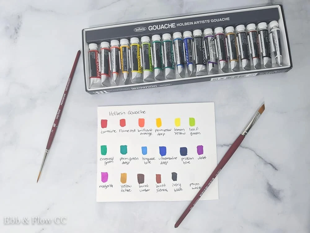 gouache set with swatches and brushes