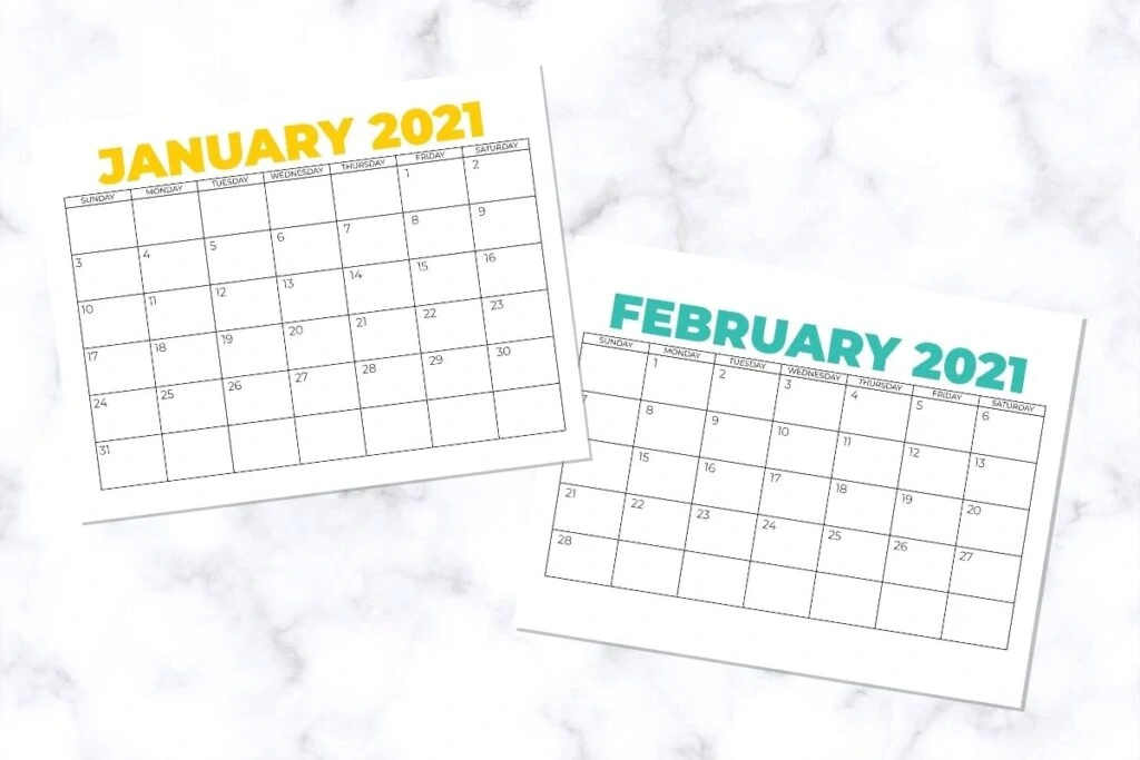 calendar pages for jan and feb 2021