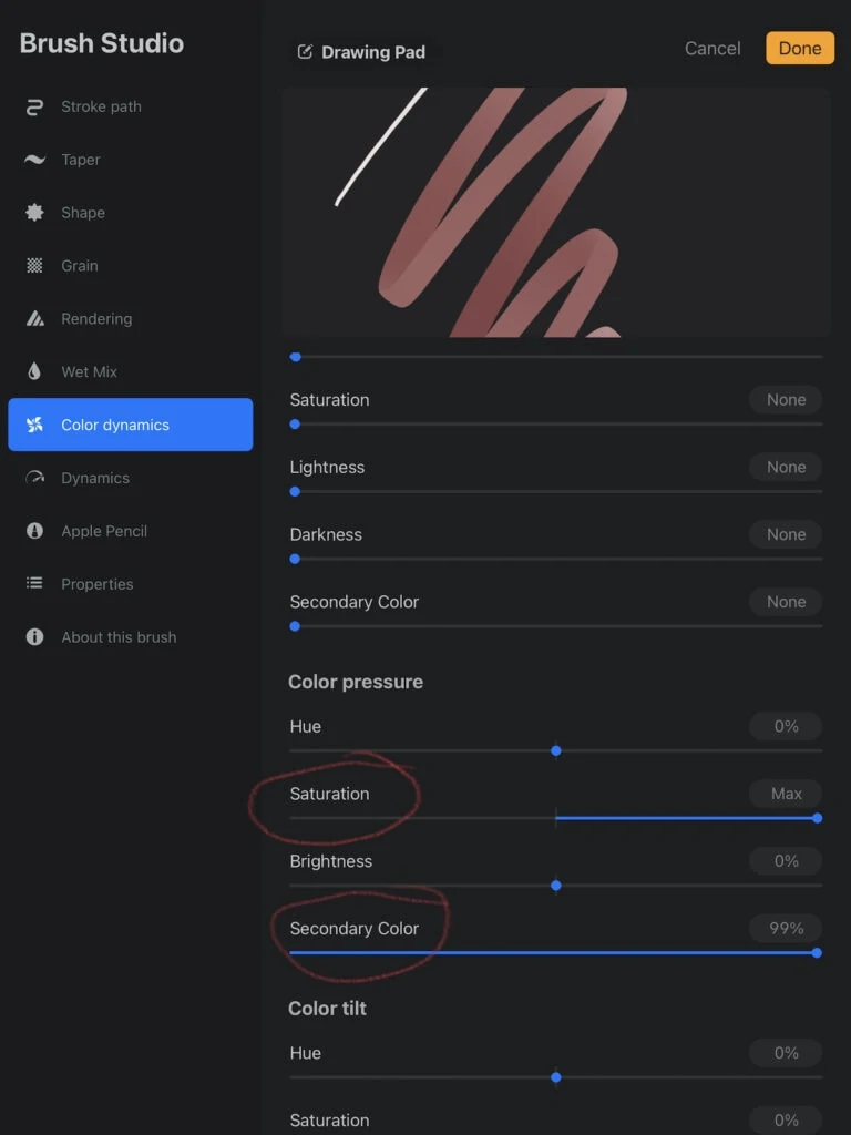 adding multiple settings in the color dynamics menu for Procreate