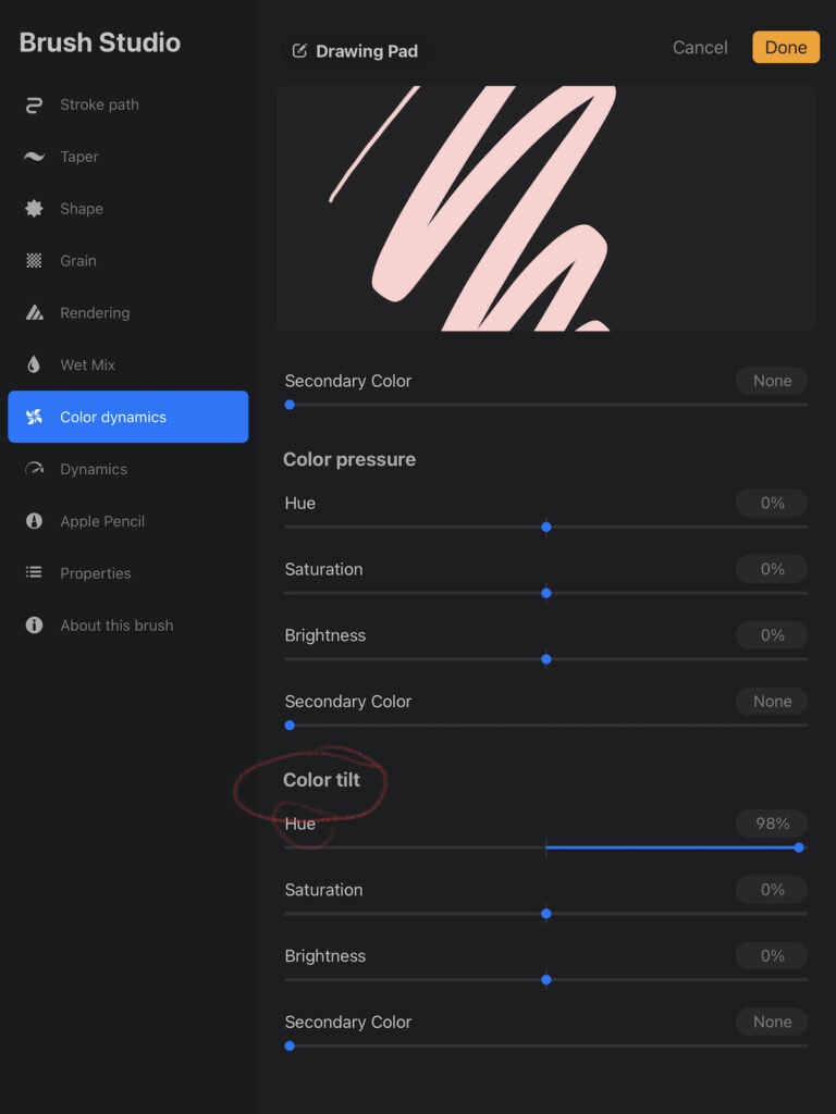 color tilt settings in Procreate