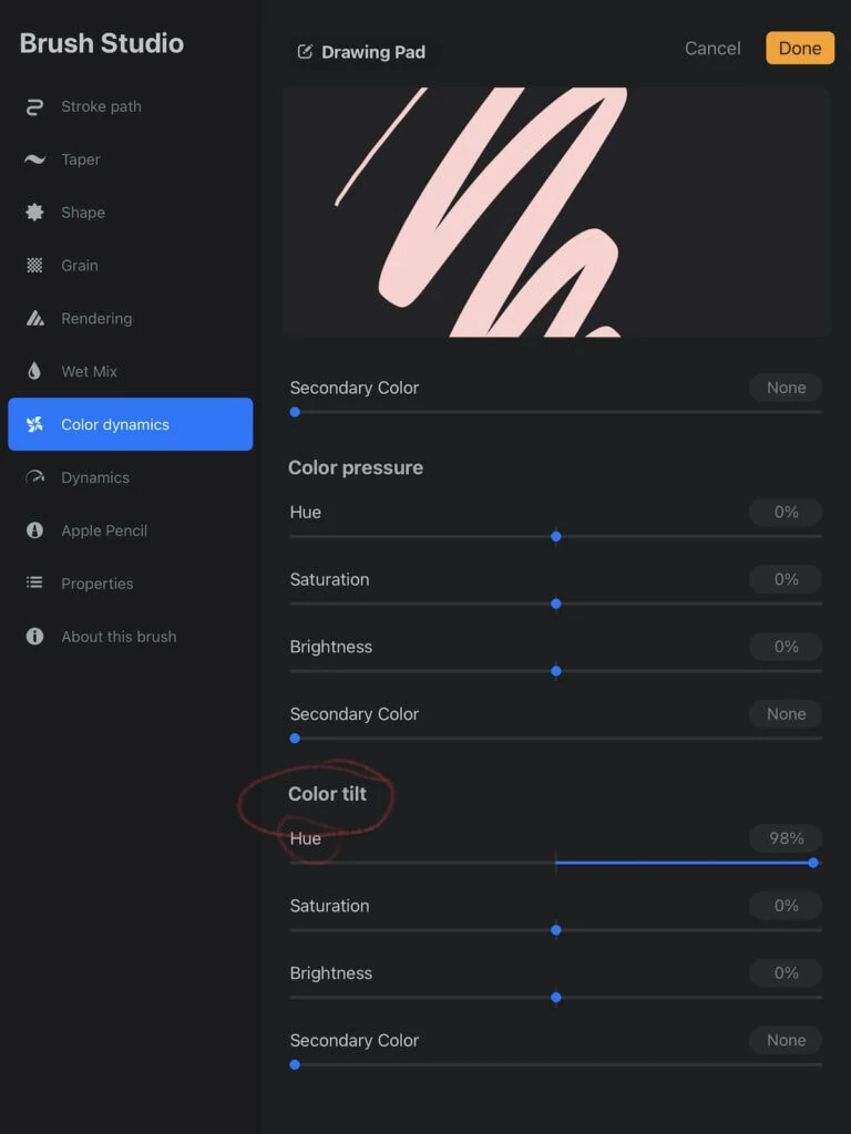 color tilt settings in Procreate