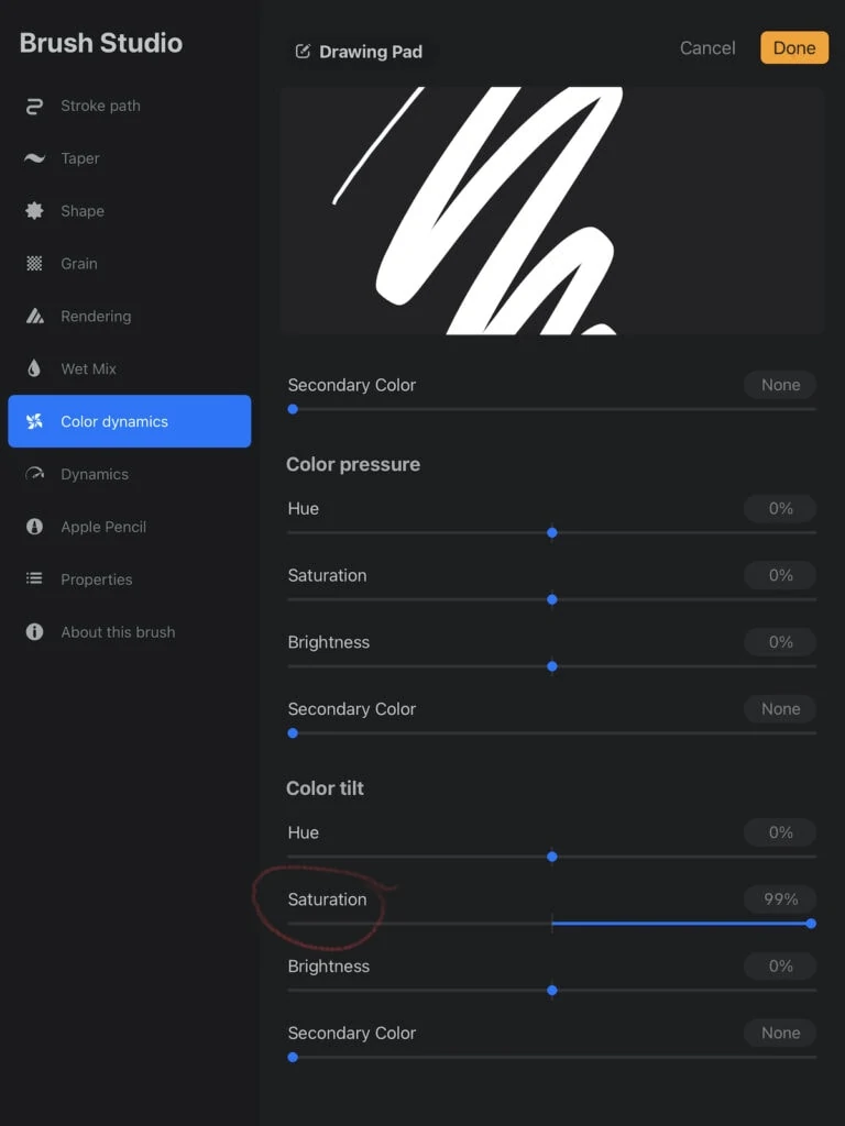 color tilt saturation settings in procreate