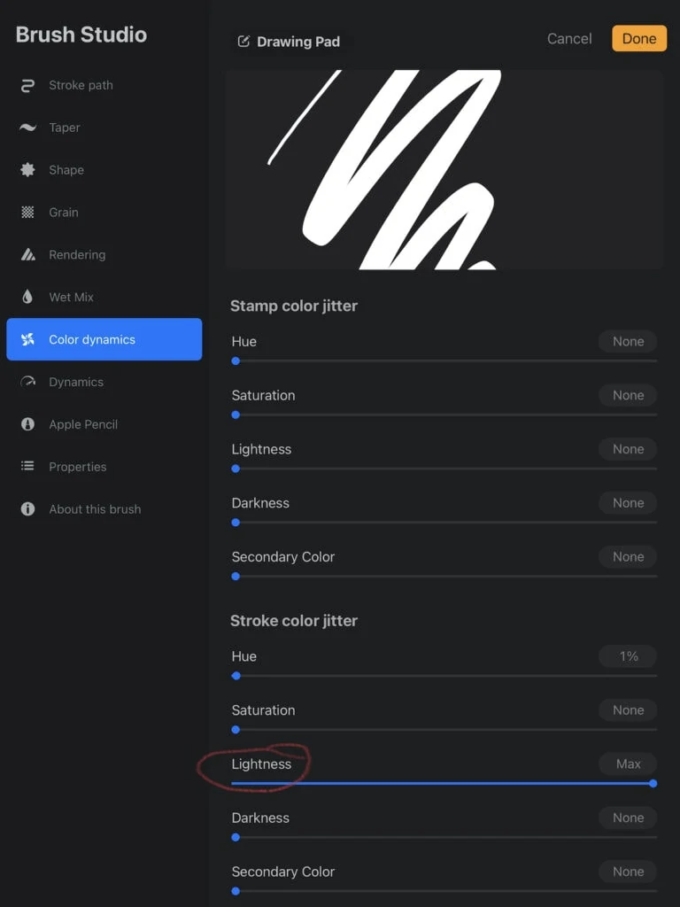 adjusting lightness of color stroke jitter