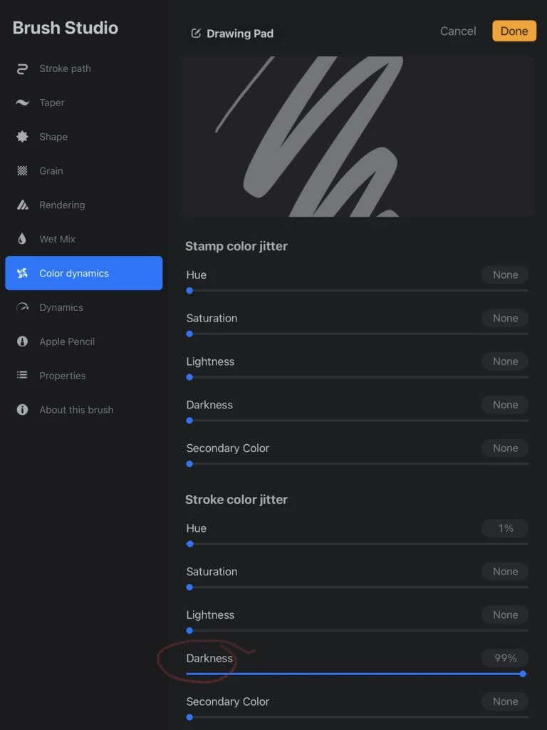 adjusting darkness of color stroke jitter