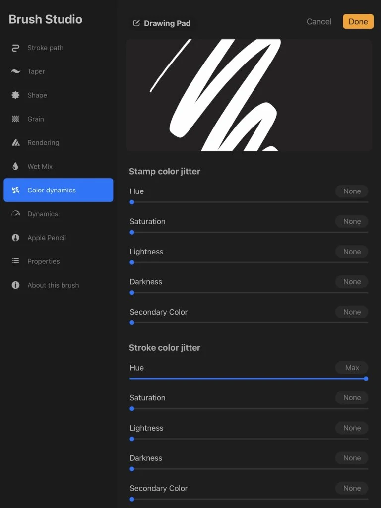 screenshot of color dynamics setting in Procreate