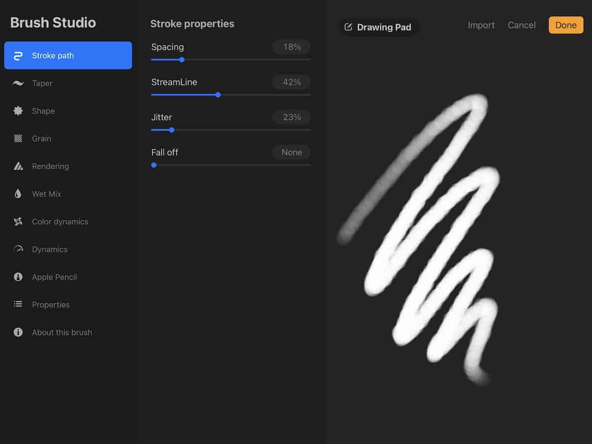 changing stroke menu settings to create inking brush in procreate