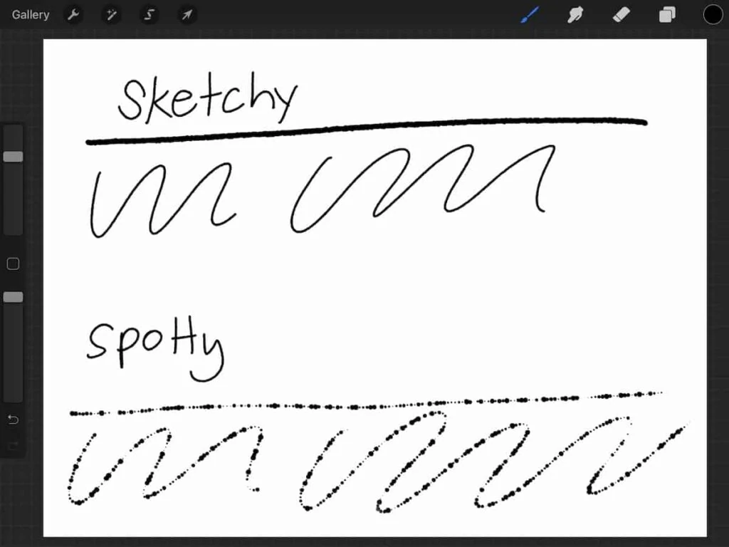 screenshot of ipad showing inking brush qualities