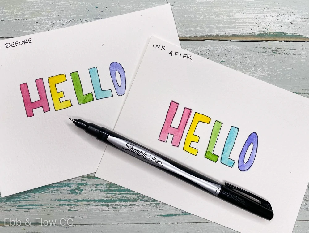 hand-lettered watercolor cards that say "hello"