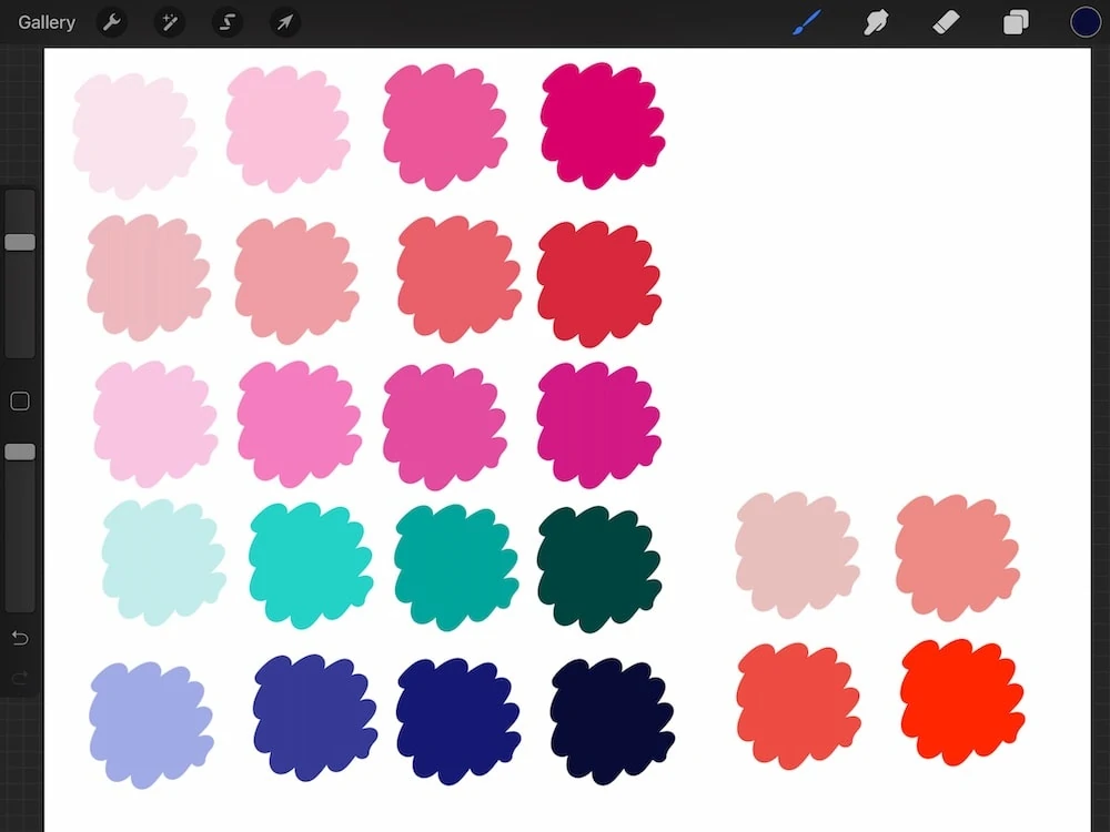 color palette with pinks, reds, teals and blues