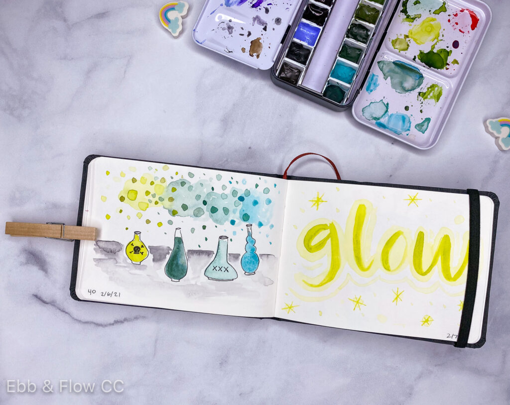 open sketchbook with painting of potions and lettered word "glow"