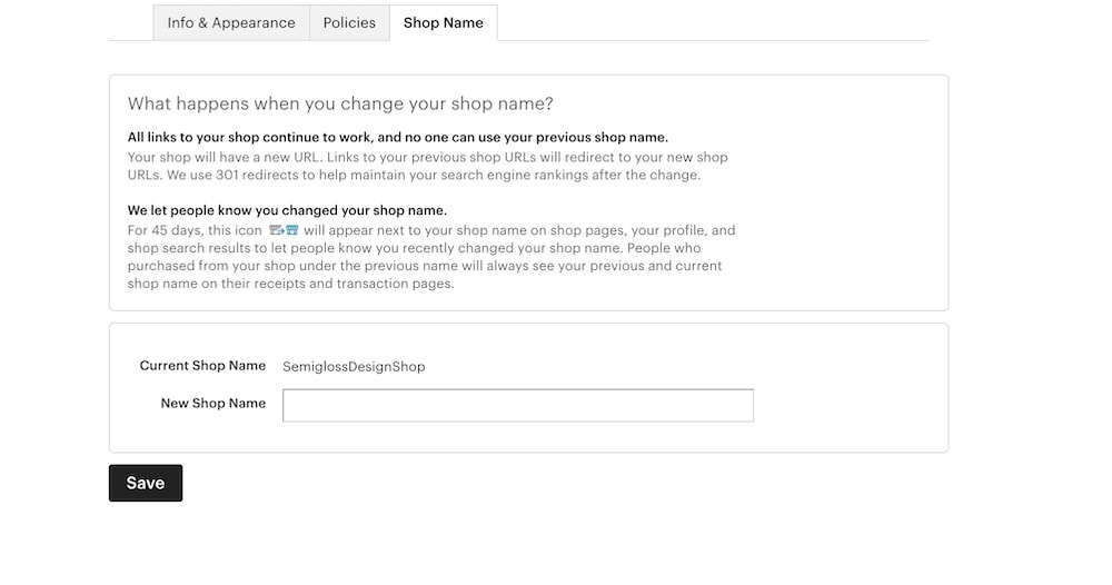 screenshot of how to change etsy shop name