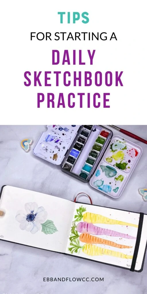 pin image - watercolor sketchbook with painting of flower and carrots