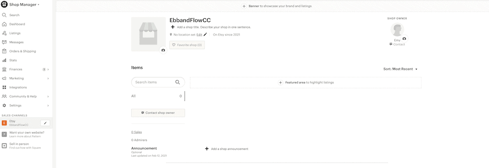 screenshot of etsy shop without banner or logo