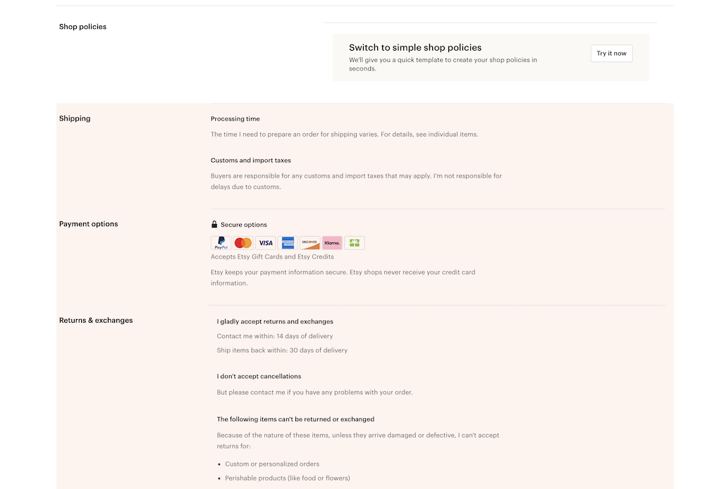 screenshot of adding policies to etsy shop