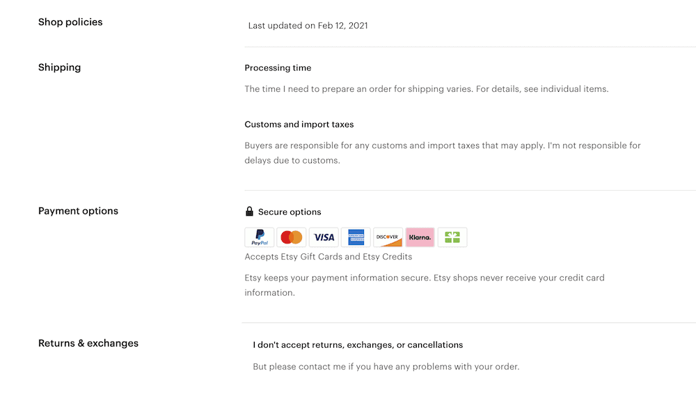 screenshot of etsy shop policies