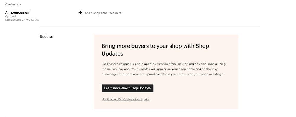 screenshot of shop announcement on etsy