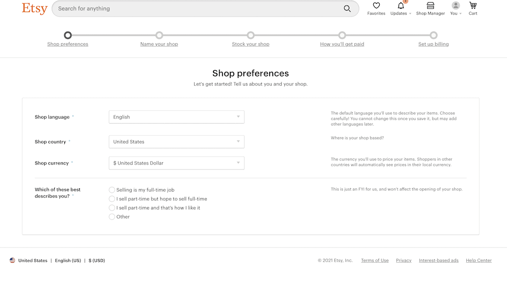 etsy shop preferences screenshot