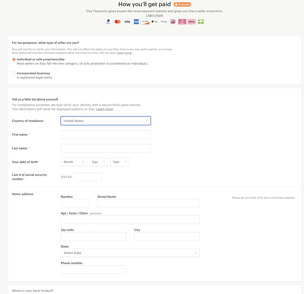 screenshot of adding banking info to etsy