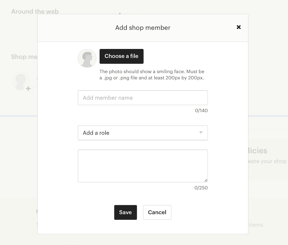 screenshot of adding shop member info on etsy