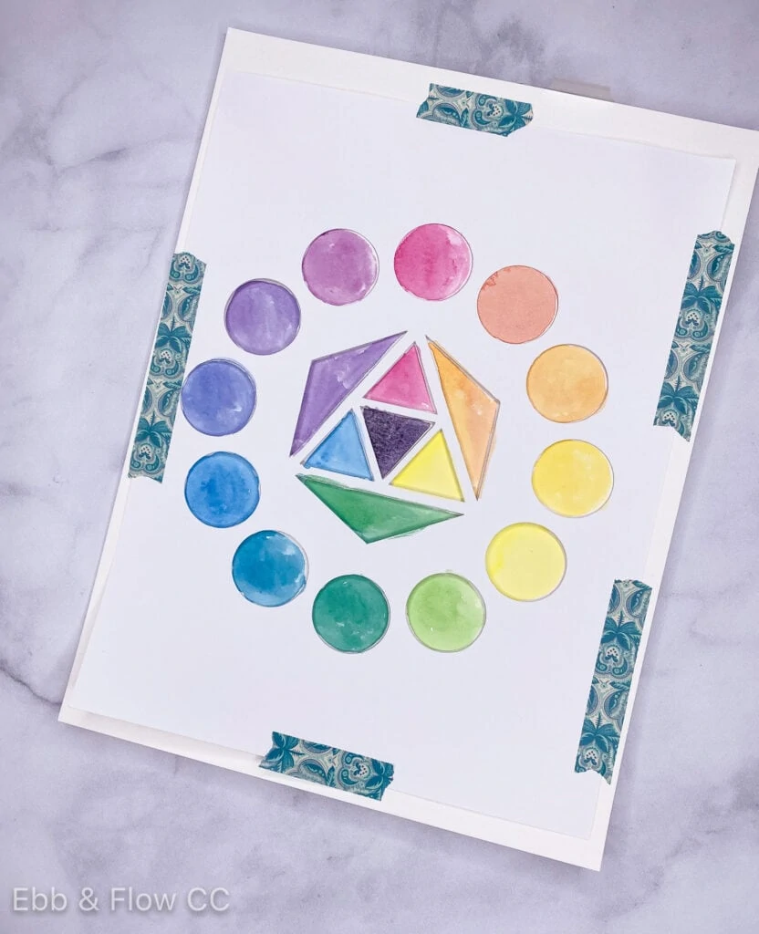 color wheel painted with watercolors using a stencil