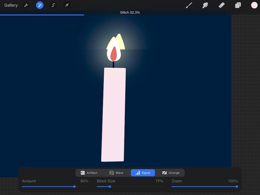 wave glitch in procreate on candle illustration