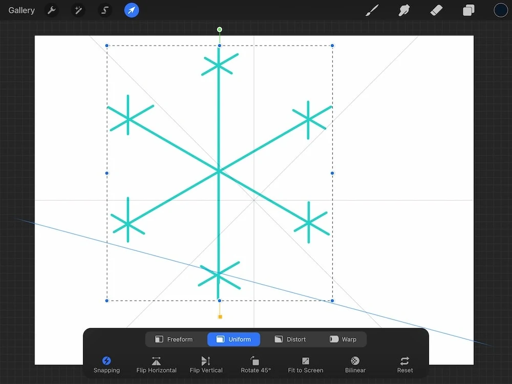 magnetics snapping in procreate on drawing of snowflake